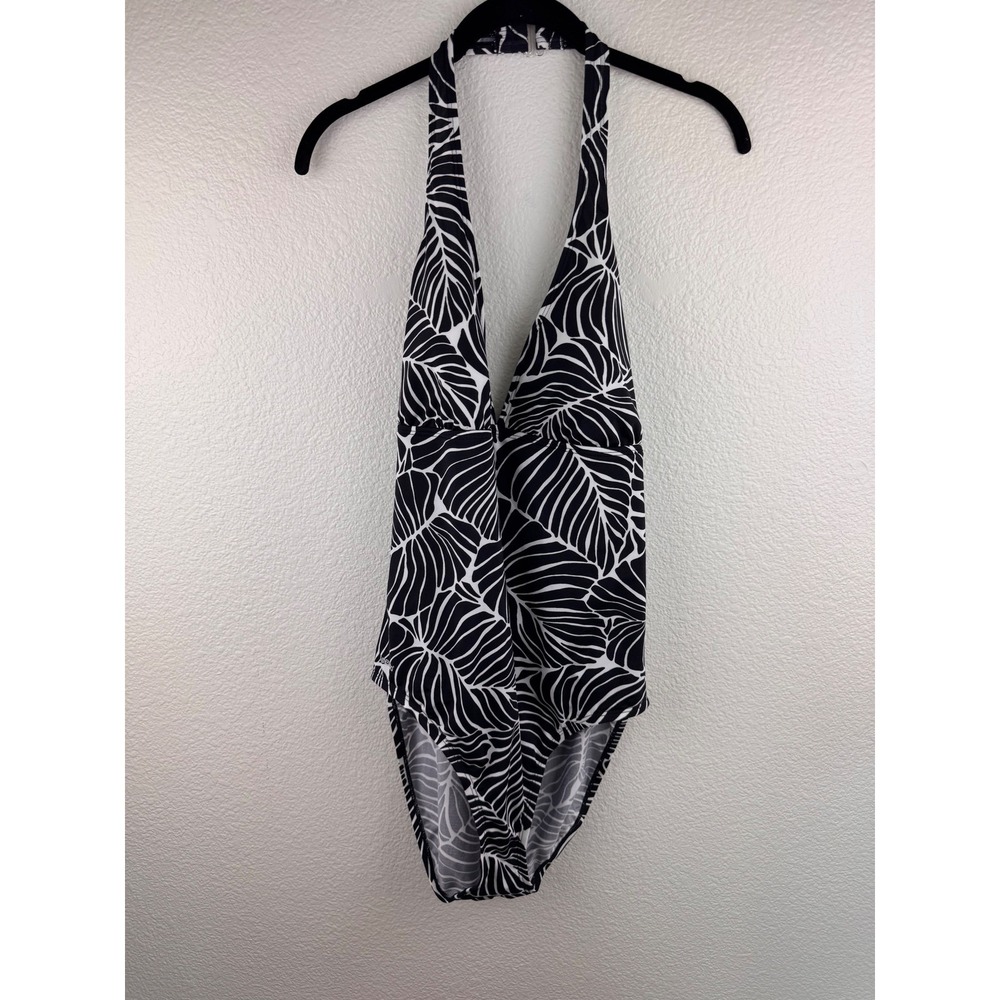 NWT Speedo Black White‎ Leaf Print Halter One Piece Swimsuit Womens Size 18